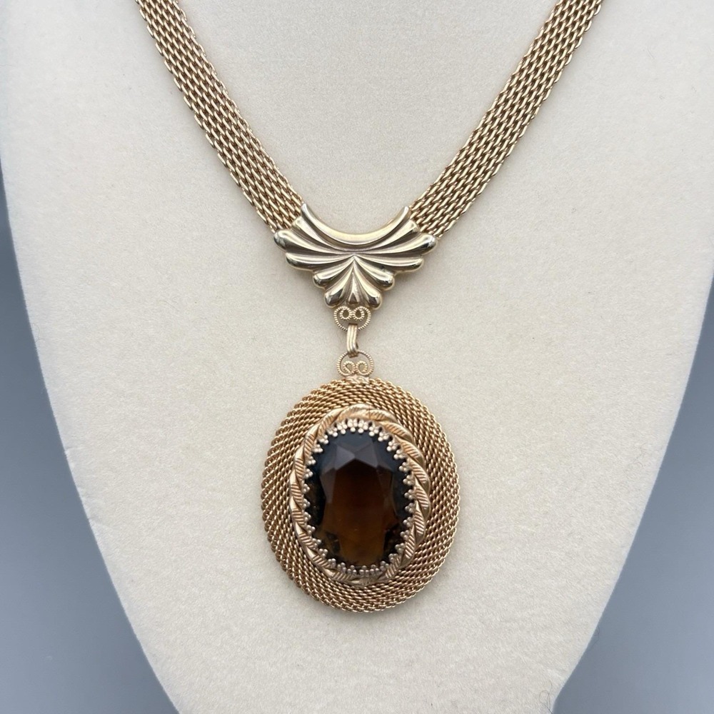 Vintage Mesh Chain Pendant Necklace Brown Faceted Stone Retro Gorgeous